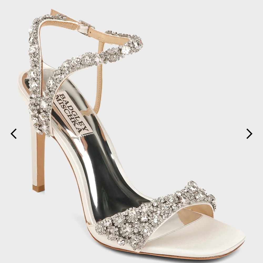 Badgley Mischka Galia Metallic Crystal Stiletto Sandals bridal heels diamonds